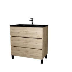 Galedo Ensemble sous vasque à poser effet chêne naturel 3 tiroirs + vasque noire, l.80 cm, Timber