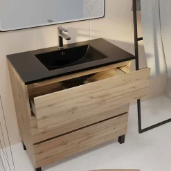 Galedo Ensemble sous vasque à poser effet chêne naturel 3 tiroirs + vasque noire, l.80 cm, Timber