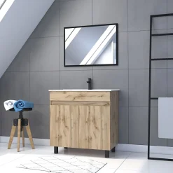 Meuble Vasque|Ensemble Meuble De Salle De Bains|Galedo Ensemble sous vasque à poser effet chêne industriel 2 portes + vasque blanche + 1 miroir, l.80 cm, Timber