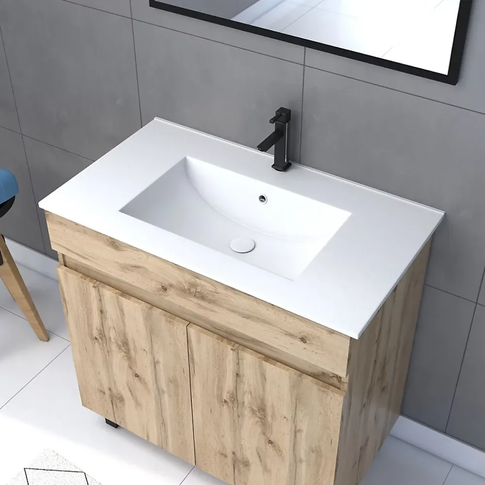 Meuble Vasque|Ensemble Meuble De Salle De Bains|Galedo Ensemble sous vasque à poser effet chêne industriel 2 portes + vasque blanche + 1 miroir, l.80 cm, Timber