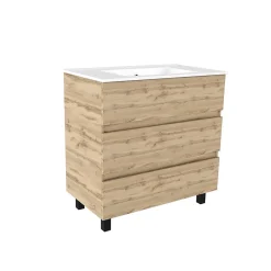 Galedo Ensemble sous vasque à poser effet chêne industriel 3 tiroirs + vasque blanche, l.80 cm, Timber