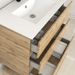 Galedo Ensemble sous vasque à poser effet chêne industriel 3 tiroirs + vasque blanche, l.80 cm, Timber
