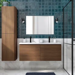 GoodHome Ensemble sous vasque effet noyer 2 tiroirs + plan vasque blanc en céramique l.120 cm, Levanna