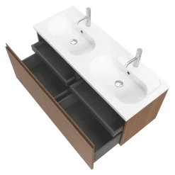 GoodHome Ensemble sous vasque effet noyer 2 tiroirs + plan vasque blanc en céramique l.120 cm, Levanna