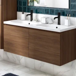 GoodHome Ensemble sous vasque effet noyer 2 tiroirs + plan vasque blanc en céramique l.120 cm, Levanna