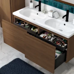 GoodHome Ensemble sous vasque effet noyer 2 tiroirs + plan vasque blanc en céramique l.120 cm, Levanna