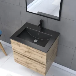 Ensemble Meuble De Salle De Bains|Galedo Ensemble sous vasque suspendu effet chêne industriel 2 tiroirs + vasque noire + 1 miroir, l.60 cm, Timber