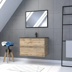 Galedo Ensemble sous vasque suspendu effet chêne industriel 2 tiroirs + vasque noire + 1 miroir, l.80 cm, Timber
