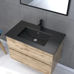 Galedo Ensemble sous vasque suspendu effet chêne industriel 2 tiroirs + vasque noire + 1 miroir, l.80 cm, Timber