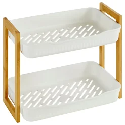 Etagère Salle De Bains|Five Simply Smart Etagère de salle de bain bambou et plastique blanc, 2 niveaux, H.35cm x P.27cm Naturéo