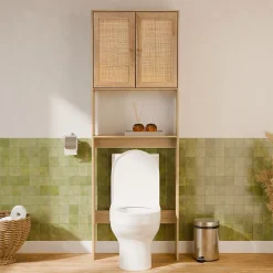 Meuble Wc|Sweeek Etagère meuble WC décor bois et cannage Bohème 1 étagère 64 x 20 x 180 cm naturel