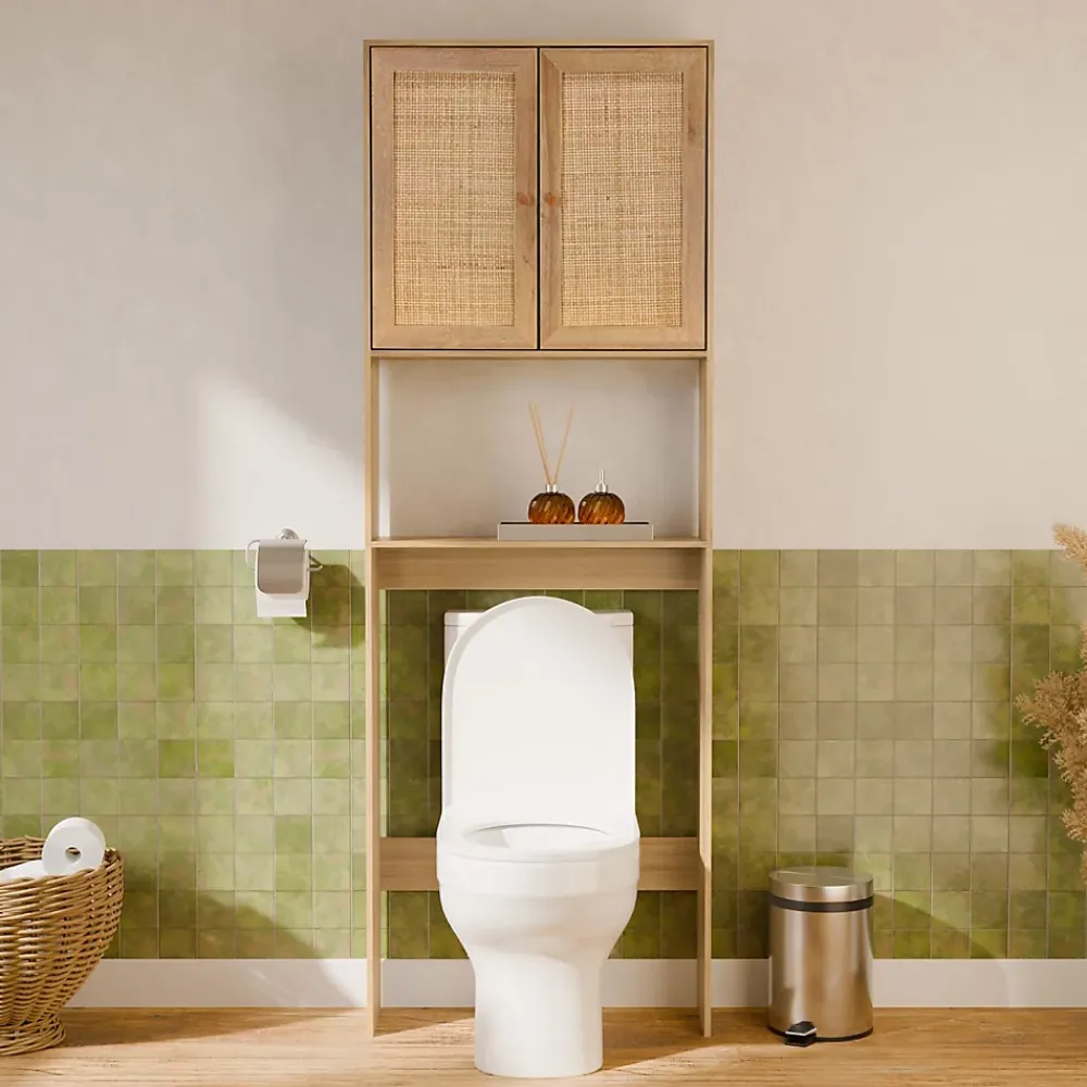 Meuble Wc|Sweeek Etagère meuble WC décor bois et cannage Bohème 1 étagère 64 x 20 x 180 cm naturel