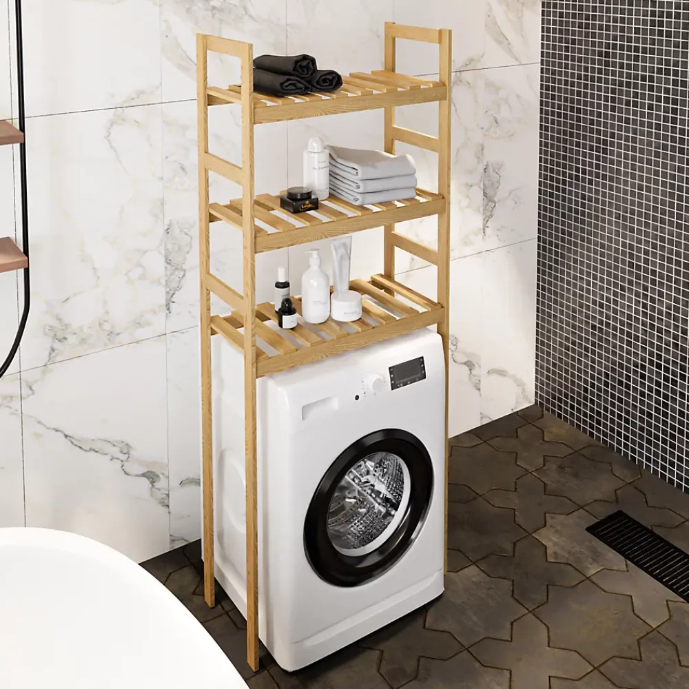 [En.Casa] Etagère pour machine à laver Alslev 3 niveaux pin 160 x 64 x 21 cm naturel en.casa