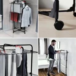 Vileda Etendoir à linge Intérieur 3 étages Séchoir à linge Pliable sur roulettes Tancarville Noir 93 x 71 x 131 cm