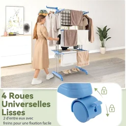 Etendoir À Linge|Giantex Etendoir a Linge Pliable a 4 Niveaux avec Ailes Laterales Rotatives et Etageres Pliables Sechoir avec Roues Verrouillables