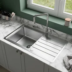 GoodHome Evier à encastrer en acier inoxydable 1 bac et égouttoir l. 50,5 x L.86,5 x P. 21,5 cm Quassia