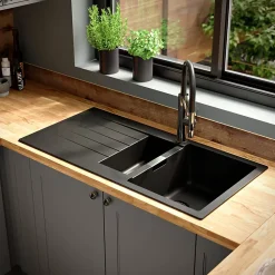 Evier Et Robinet De Buanderie|GoodHome Evier à encastrer en composite quartz gris 1,5 bacs et égouttoir l. 50 x H. 30,4 x P. 19,7 cm Torla