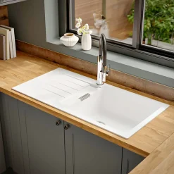 Evier Et Robinet De Buanderie|GoodHome Evier à encastrer en composite quartz blanc 1 bac et égouttoir l. 50 x H. 30,4 x P. 19,7 cm Torla