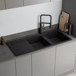 Evier Et Robinet De Buanderie|GoodHome Evier à encastrer en composite quartz 2 bacs et égouttoir L. 116 x l. 50 x H. 28,2 cm Alland