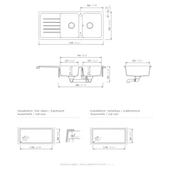 Evier Et Robinet De Buanderie|GoodHome Evier à encastrer en composite quartz 2 bacs et égouttoir L. 116 x l. 50 x H. 28,2 cm Alland