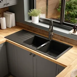 Evier Et Robinet De Buanderie|GoodHome Evier à encastrer en composite quartz noir 2 bacs et égouttoir l. 50 x H. 30,4 x P. 19,7 cm Torla