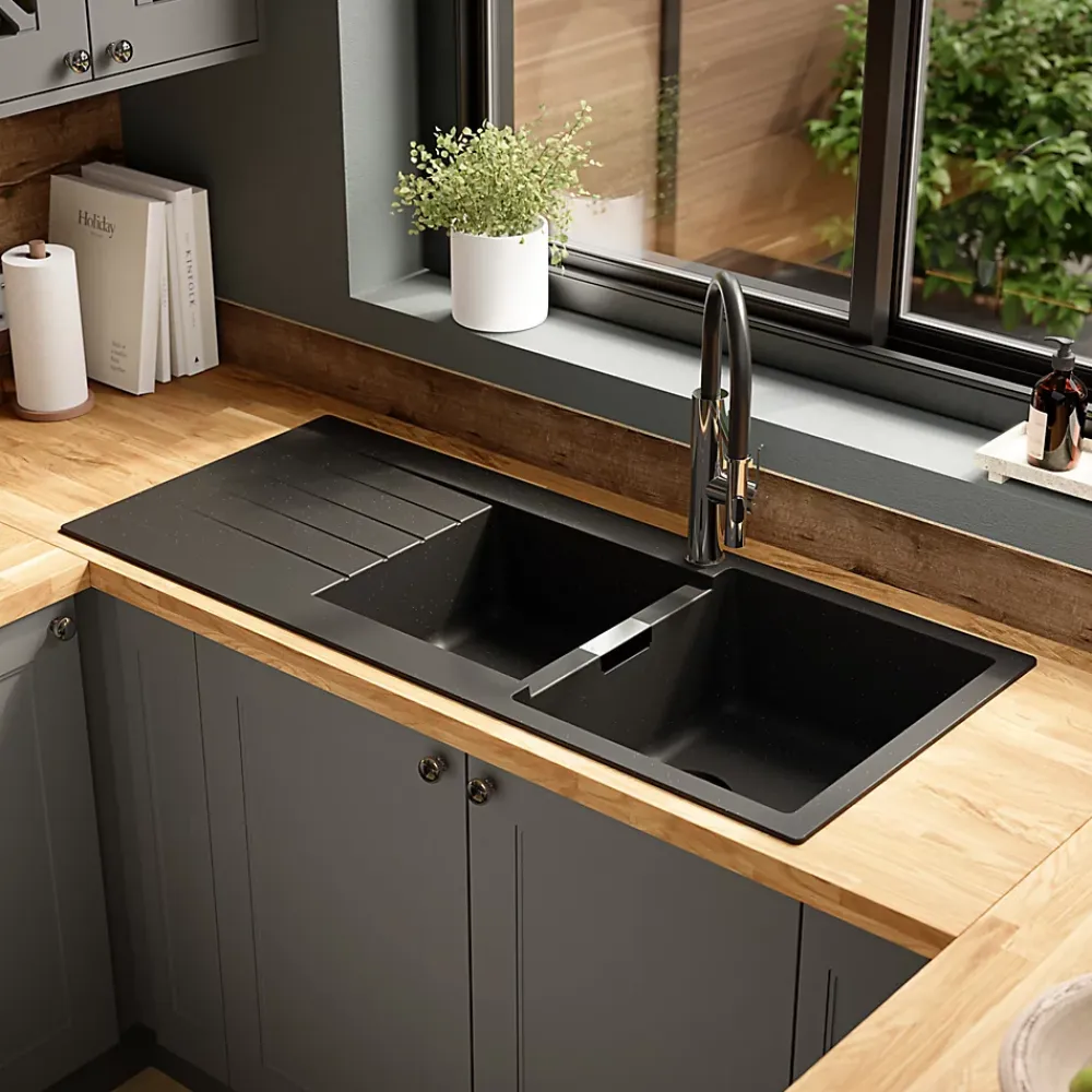 Evier Et Robinet De Buanderie|GoodHome Evier à encastrer en composite quartz noir 2 bacs et égouttoir l. 50 x H. 30,4 x P. 19,7 cm Torla