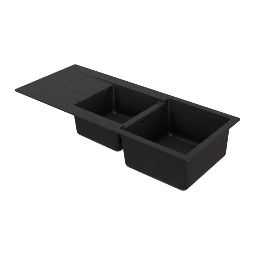Evier Et Robinet De Buanderie|GoodHome Evier à encastrer en composite quartz noir 2 bacs et égouttoir l. 50 x H. 30,4 x P. 19,7 cm Torla