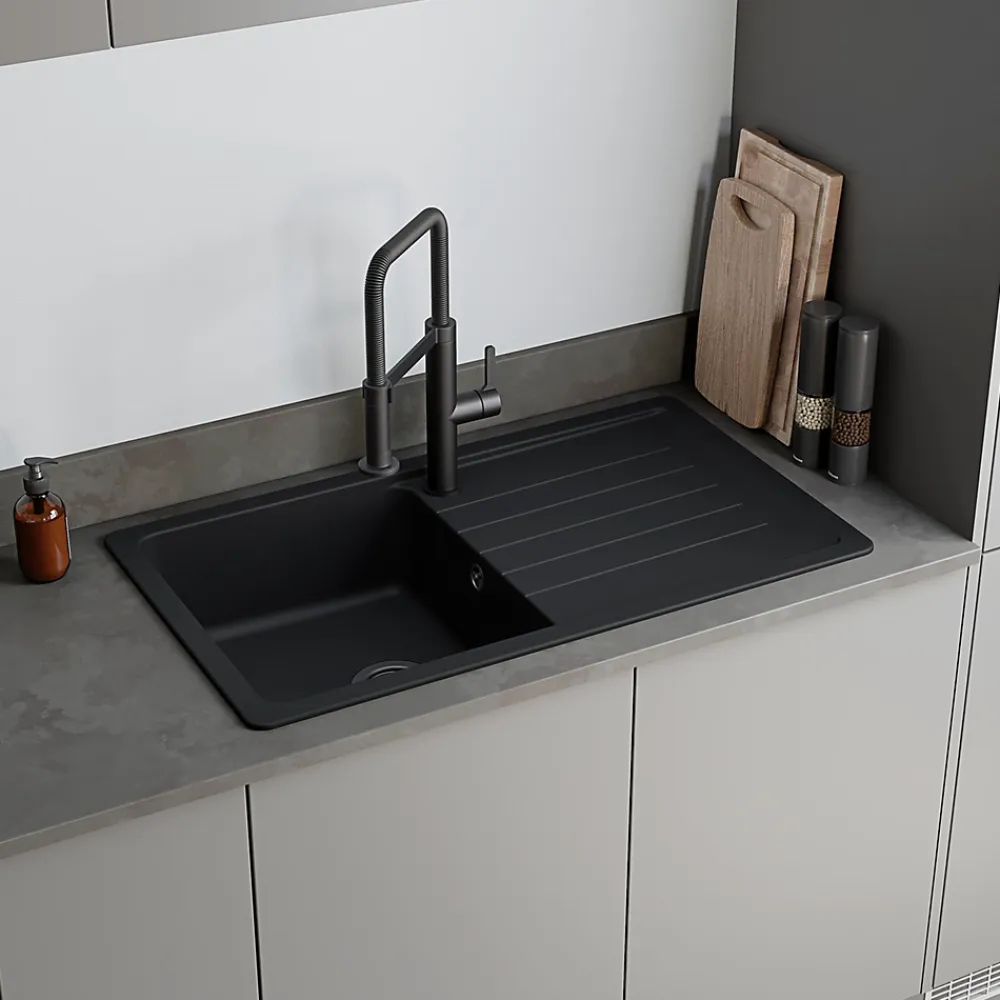GoodHome Evier à encastrer en composite quartz noir 1 bac et égouttoir L. 86 x l. 50 x H. 28,2 cm Alland