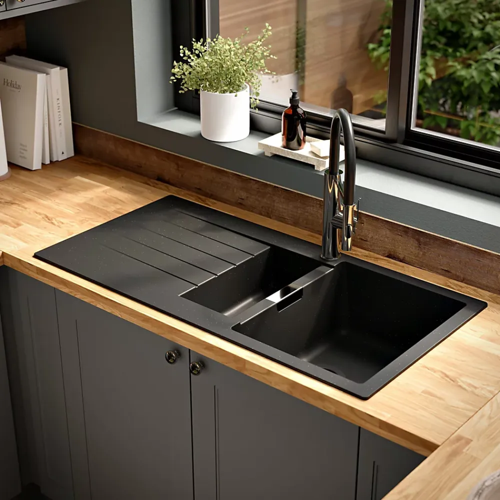 GoodHome Evier à encastrer en composite quartz noir 1,5 bacs et égouttoir l. 50 x H. 30,4 x P. 19,7 cm Torla