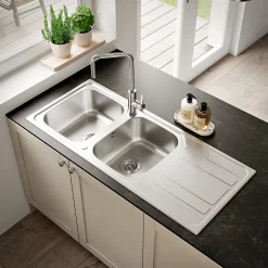 GoodHome Evier à encastrer en inox microstructuré 2 bacs et égouttoir l. 50 x H. 19 x P. 19 cm Lucerne