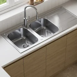 GoodHome Evier à encastrer en inox microstructuré 2 bacs et égouttoir l. 50 x H. 19 x P. 19 cm Lucerne