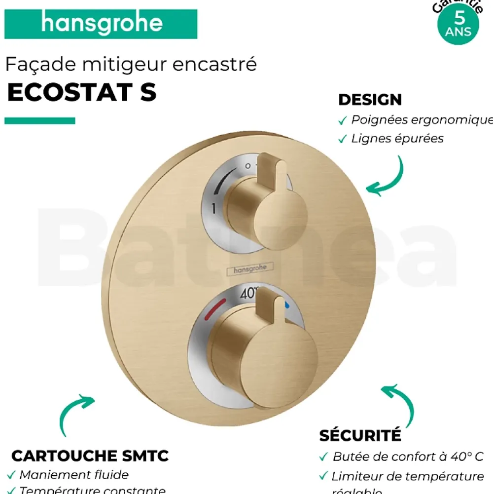 Hansgrohe Façade mitigeur thermostatique encastré Ecostat S avec robinet d'arrêt et inverseur bronze brossé