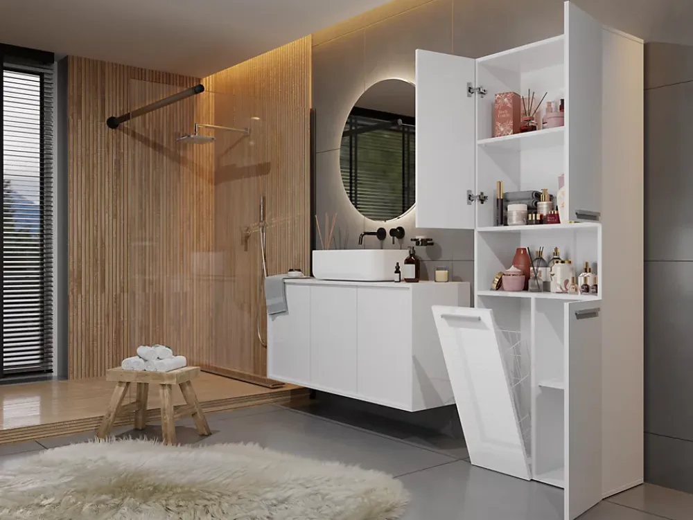 Topeshop GLAZE - Armoire de salle de bain avec porte + panier - Style moderne - 174x60x30 cm - Colonne salle de bain