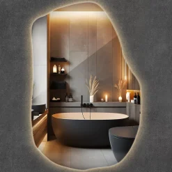 Wallfluent Grand Miroir LED Organique Galet 100x65cm Lumière Chaude Décoratif Asymétrique Naturel Tendance