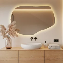 Wallfluent Grand Miroir LED Organique Galet 100x65cm Lumière Chaude Décoratif Asymétrique Naturel Tendance