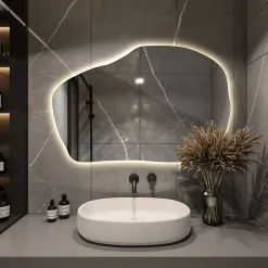 Wallfluent Grand Miroir LED Organique Galet 100x65cm Lumière Chaude Décoratif Asymétrique Naturel Tendance