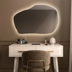 Wallfluent Grand Miroir LED Organique Galet 100x65cm Lumière Chaude Décoratif Asymétrique Naturel Tendance