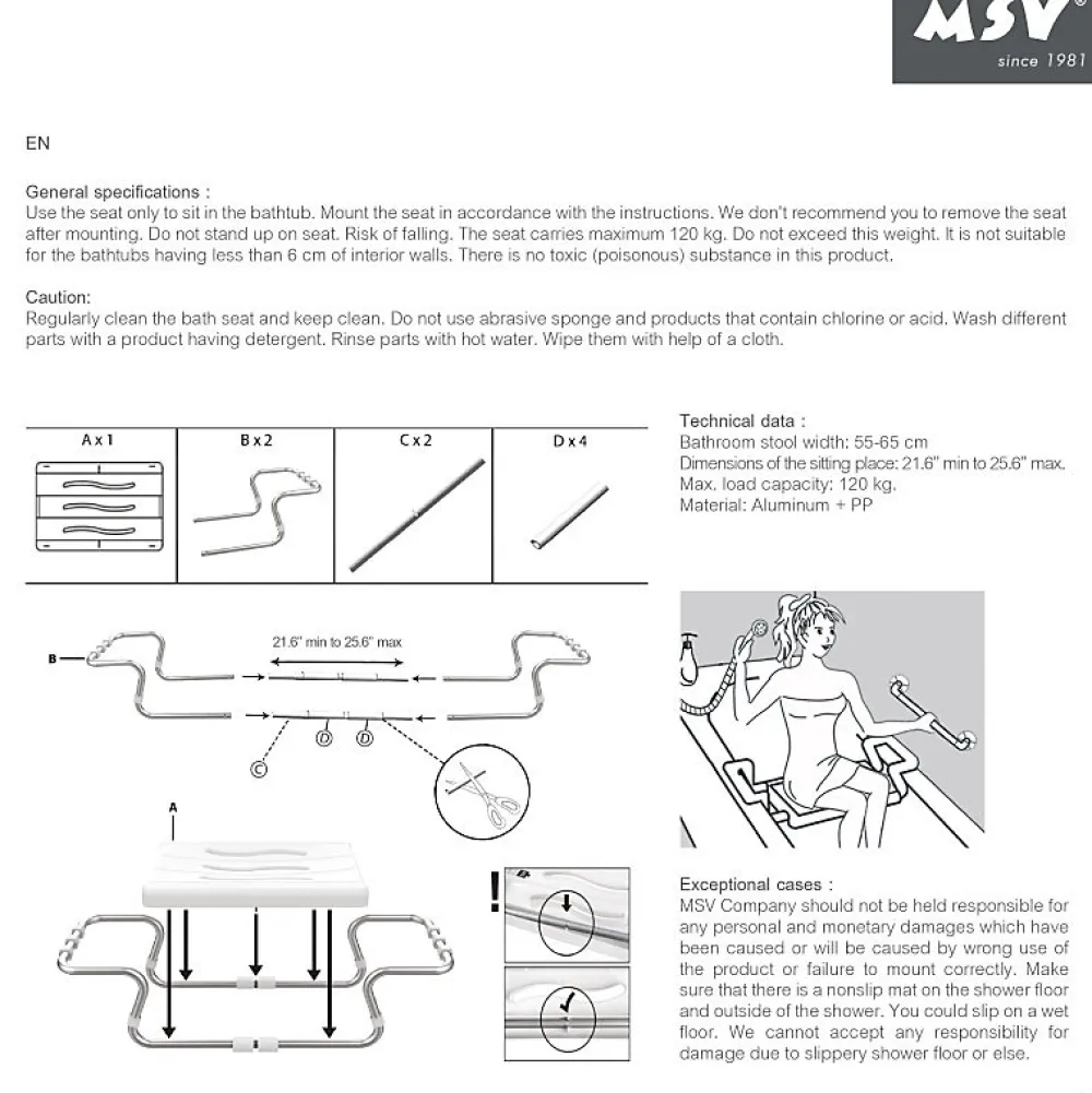 Siège De Douche|MSV Grand siège de baignoire extensible 5070cm Blanc Max 120kg