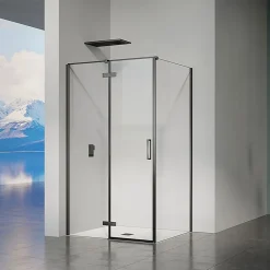 Cabine De Douche|Grand Verre Cabine de douche 100x100 avec porte à charnières en verre 8mm profilés en alu noir mat