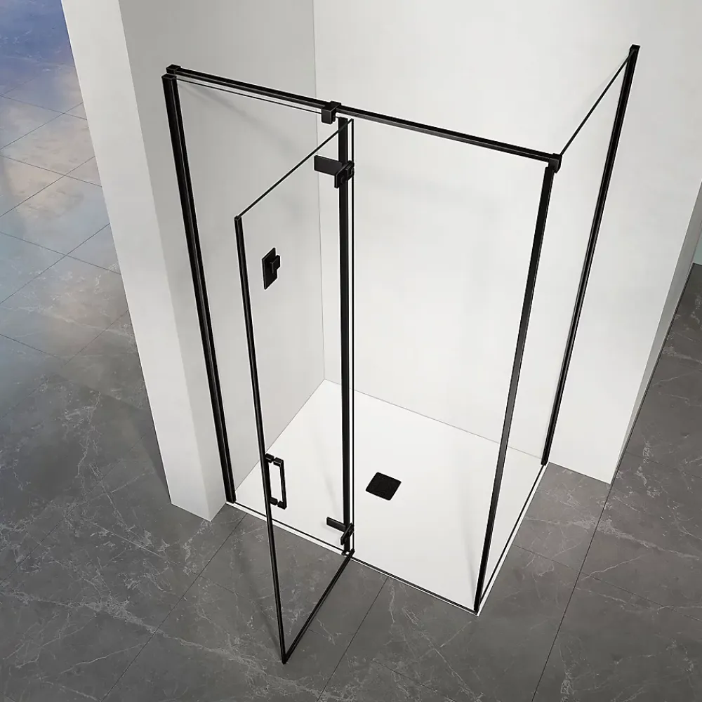 Cabine De Douche|Grand Verre Cabine de douche 100x100 avec porte à charnières en verre 8mm profilés en alu noir mat