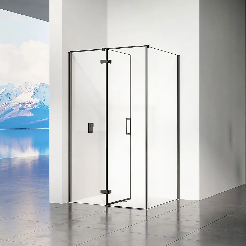 Cabine De Douche|Grand Verre Cabine de douche 100x100 avec porte à charnières en verre 8mm profilés en alu noir mat