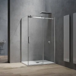 Grand Verre Cabine de douche style industriel avec porte coulissante 140 cm et paroi latérale 90 cm accessoires chromés