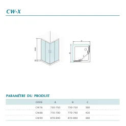 Grand Verre Cabine de douche d'angle 90x90 hauteur 185cm avec deux portes coulissantes profilés chromés