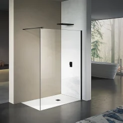 Grand Verre Paroi de douche 70x200 avec profilé et barre de fixation en noir mat en verre securit 8mm nano-vitrifié