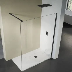 Grand Verre Paroi de douche 70x200 avec profilé et barre de fixation en noir mat en verre securit 8mm nano-vitrifié