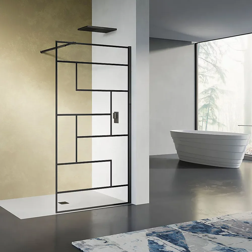Grand Verre Paroi de douche design moderne 100x200 verre trempé d'épaisseur 8 mm sérigraphie linéaire noir mat