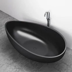 Baignoire Îlot|Bernstein Grande Baignoire îlot moderne fonte minérale salle de bain avec bonde et trop plein - 180x110x62cm - WAVE - Noir mat
