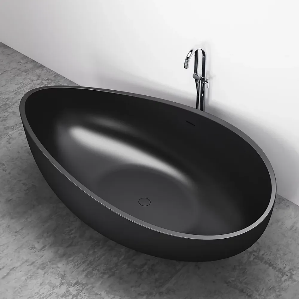 Baignoire Îlot|Bernstein Grande Baignoire îlot moderne fonte minérale salle de bain avec bonde et trop plein - 180x110x62cm - WAVE - Noir mat
