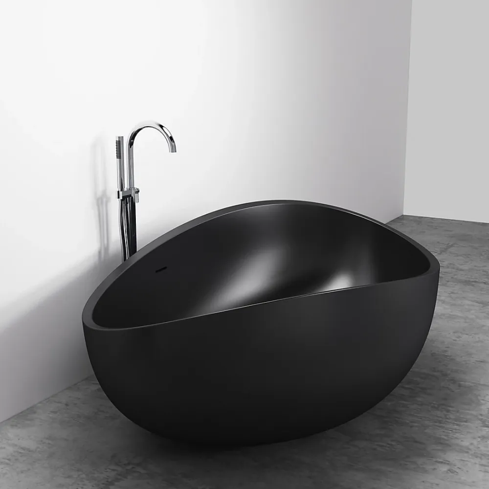 Baignoire Îlot|Bernstein Grande Baignoire îlot moderne fonte minérale salle de bain avec bonde et trop plein - 180x110x62cm - WAVE - Noir mat