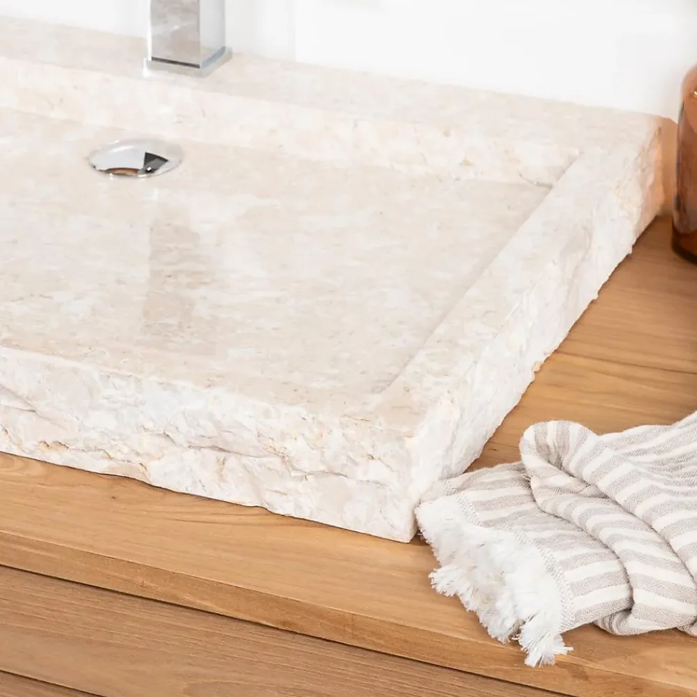 Wanda Collection Grande vasque 70cm à poser rectangle en pierre marbre Cosy crème